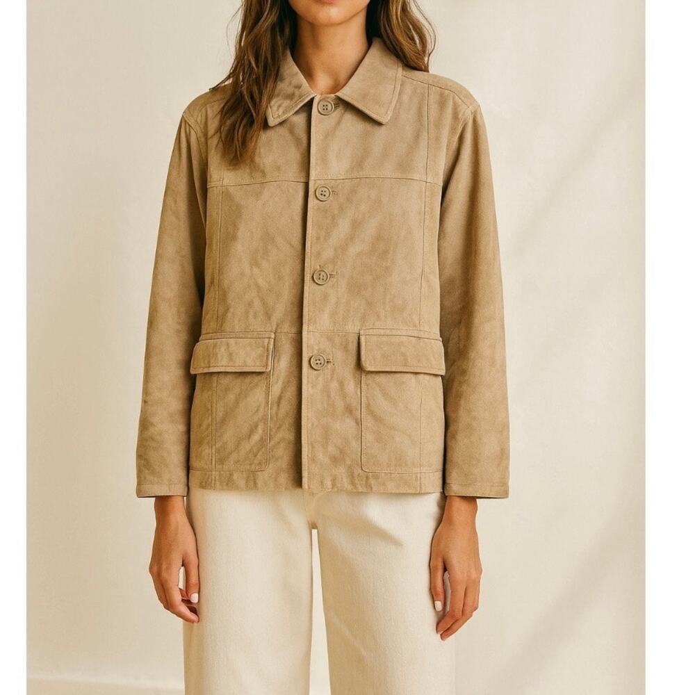 Y2K Ruff Hewn Tan Suede Leather Oversized Jacket Medium 90s Minimalist Chic - Picture 10 of 10